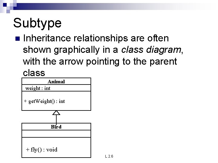 Subtype n Inheritance relationships are often shown graphically in a class diagram, with the