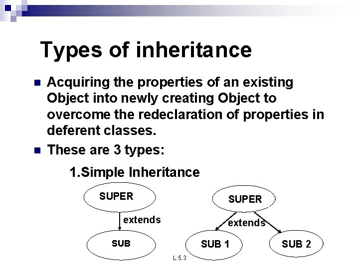 Types of inheritance n n Acquiring the properties of an existing Object into newly