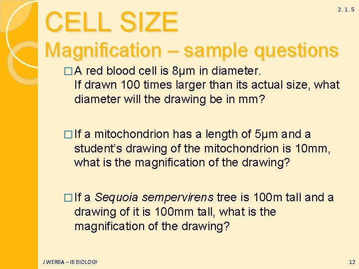 CELL SIZE 2. 1. 5 Magnification – sample questions �A red blood cell is