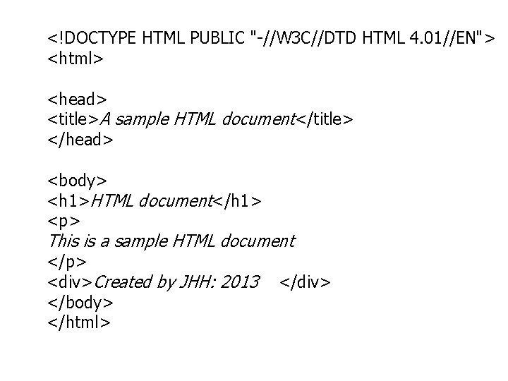 <!DOCTYPE HTML PUBLIC "-//W 3 C//DTD HTML 4. 01//EN"> <html> <head> <title>A sample HTML