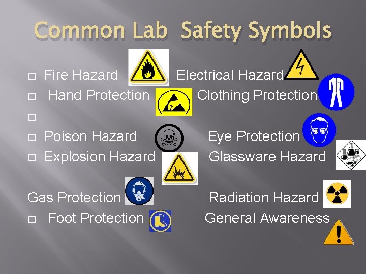 Common Lab Safety Symbols Fire Hazard Hand Protection Electrical Hazard Clothing Protection Poison Hazard