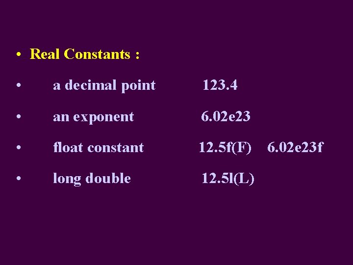  • Real Constants : • a decimal point 123. 4 • an exponent