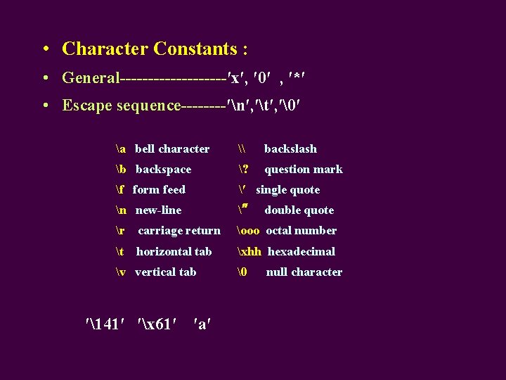  • Character Constants : • General----------′x′, ′ 0′ , ′*′ • Escape sequence----′n′,