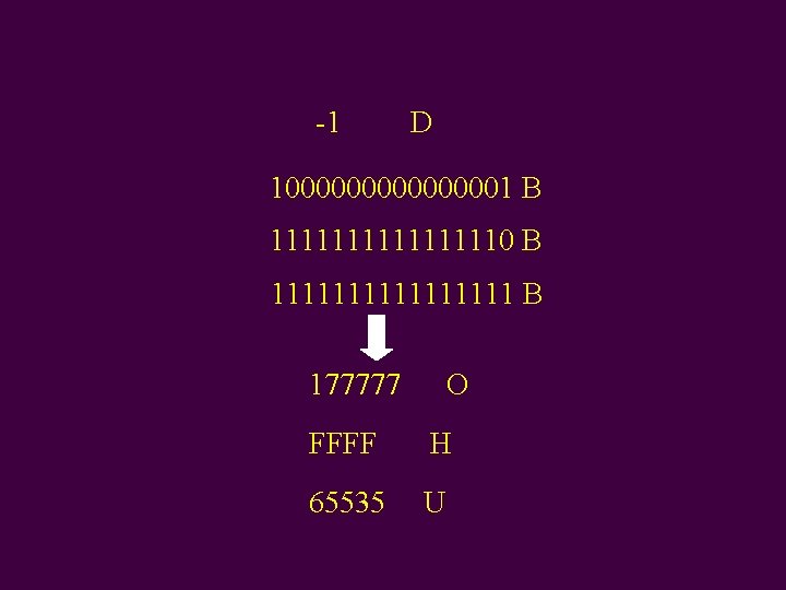 -1 D 100000001 B 111111110 B 11111111 B 177777 O FFFF H 65535 U