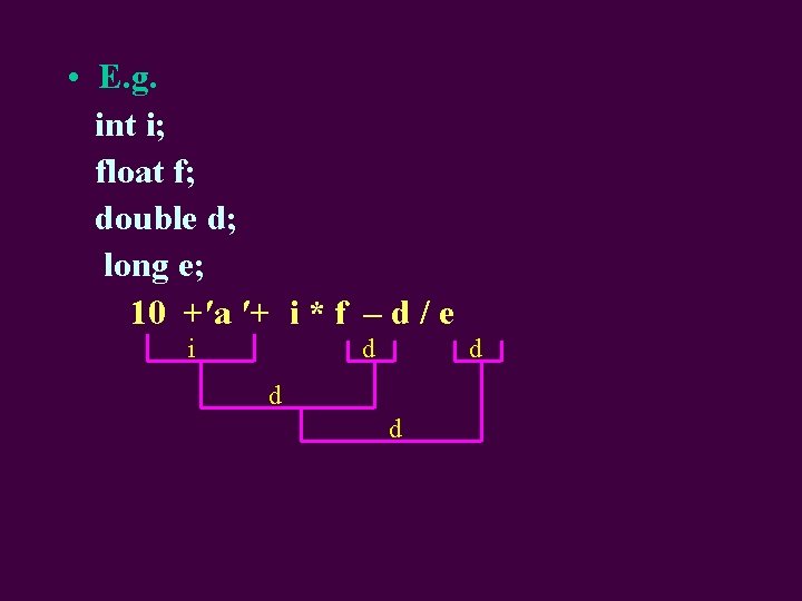 • E. g. int i; float f; double d; long e; 10 +′a