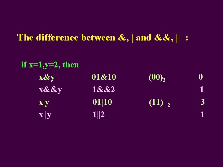 The difference between &, | and &&, || : if x=1, y=2, then x&y