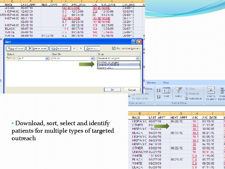  • Download, sort, select and identify patients for multiple types of targeted outreach