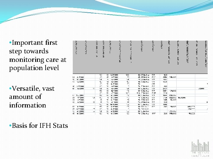  • Important first step towards monitoring care at population level • Versatile, vast
