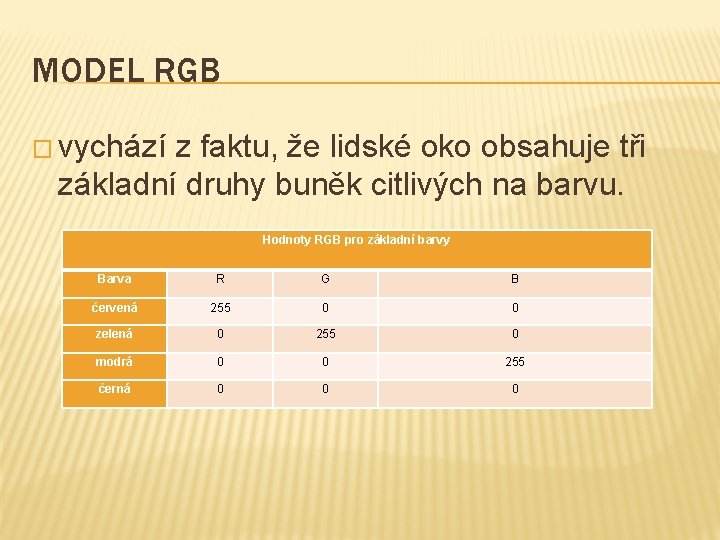 MODEL RGB � vychází z faktu, že lidské oko obsahuje tři základní druhy buněk