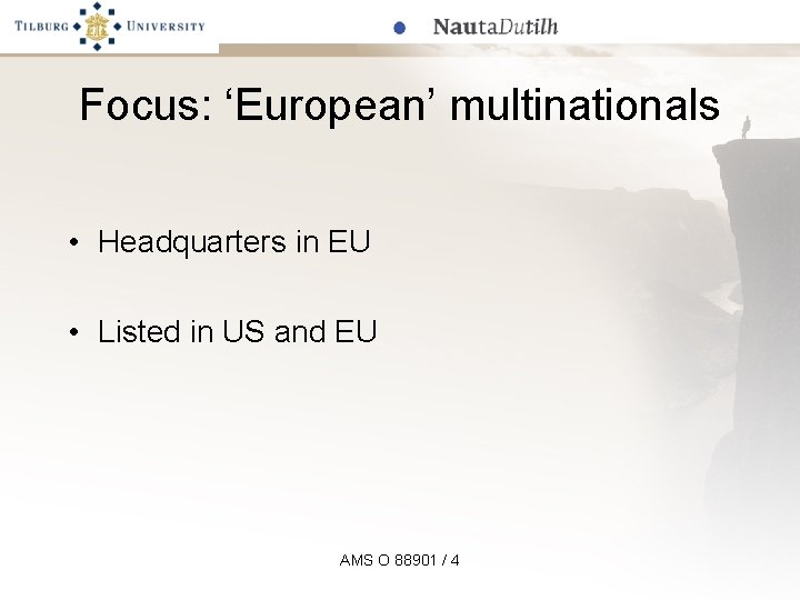 Focus: ‘European’ multinationals • Headquarters in EU • Listed in US and EU AMS