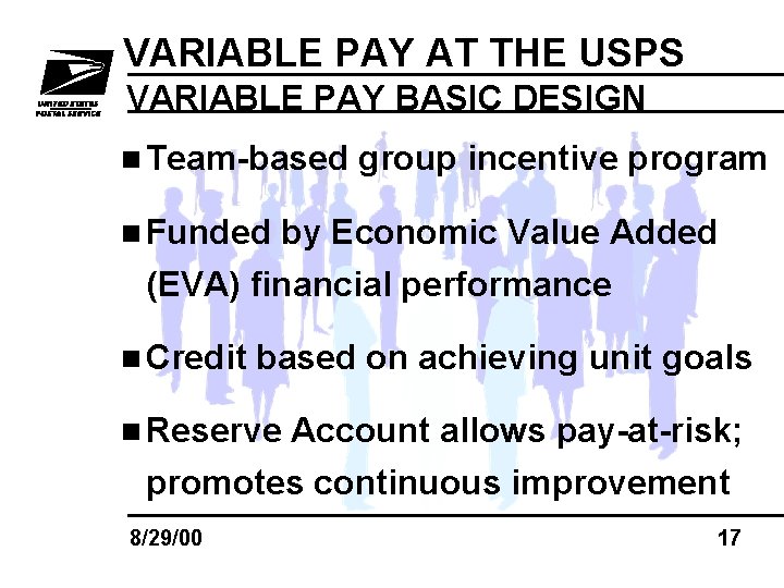 VARIABLE PAY AT THE USPS VARIABLE PAY BASIC DESIGN n Team-based group incentive program