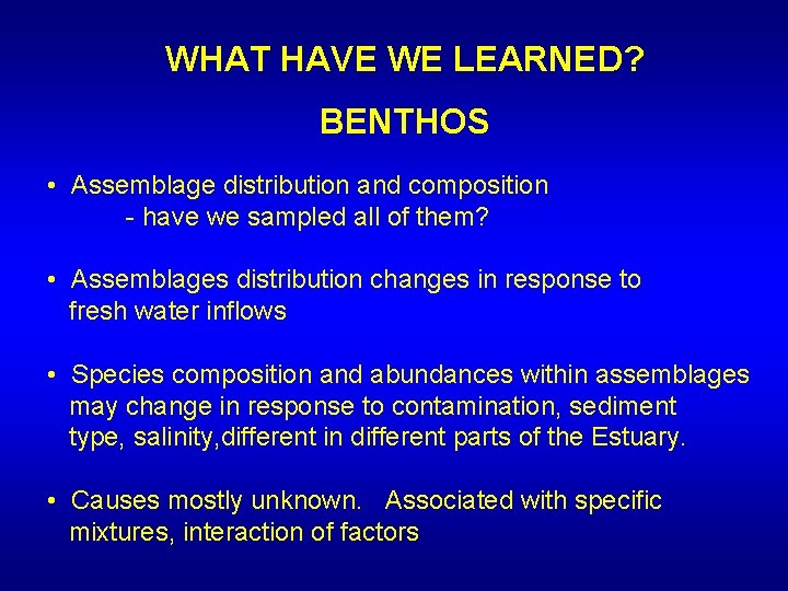 WHAT HAVE WE LEARNED? BENTHOS • Assemblage distribution and composition - have we sampled