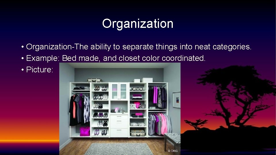Organization • Organization-The ability to separate things into neat categories. • Example: Bed made,