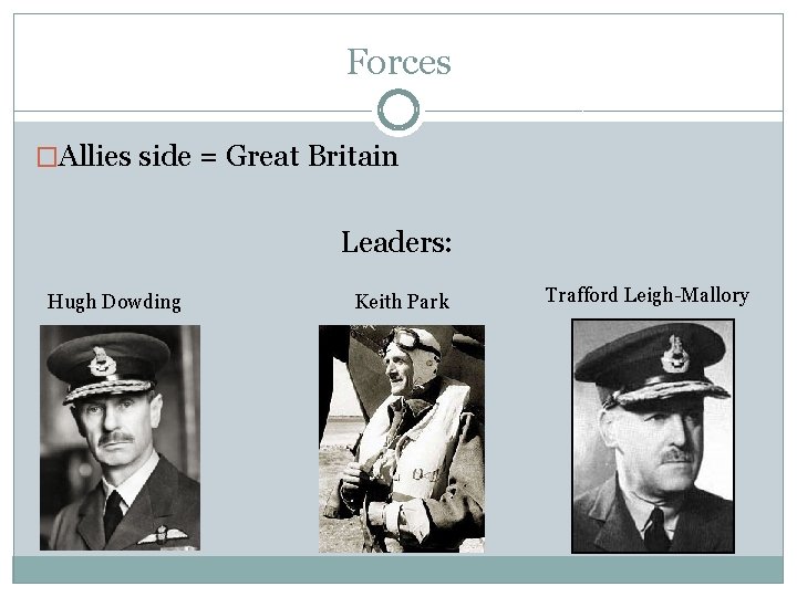 Forces �Allies side = Great Britain Leaders: Hugh Dowding Keith Park Trafford Leigh-Mallory 