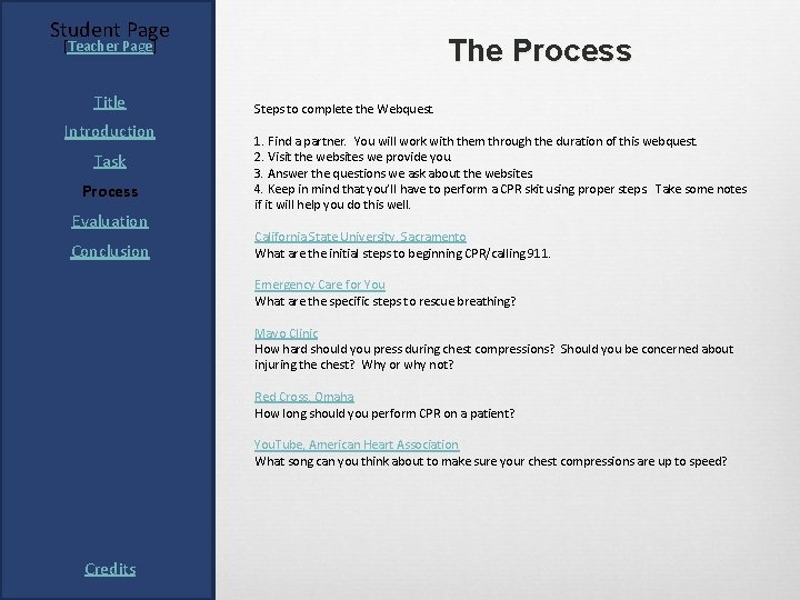 Student Page The Process [Teacher Page] Title Introduction Task Process Evaluation Conclusion Steps to