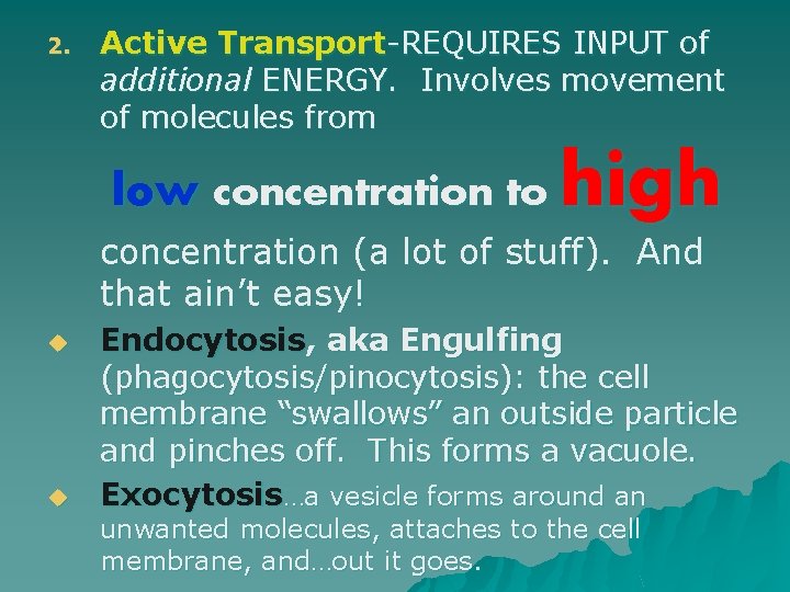 2. Active Transport-REQUIRES INPUT of additional ENERGY. Involves movement of molecules from low concentration