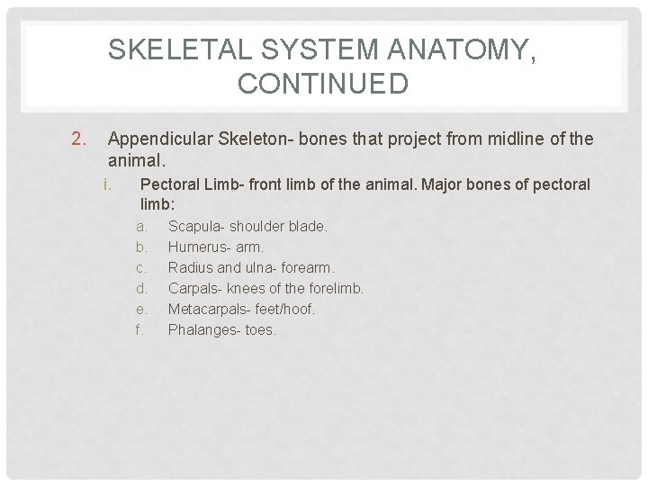 SKELETAL SYSTEM ANATOMY, CONTINUED 2. Appendicular Skeleton- bones that project from midline of the