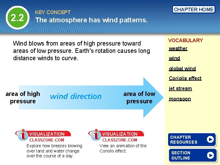 2. 2 CHAPTER HOME KEY CONCEPT The atmosphere has wind patterns. Wind blows from