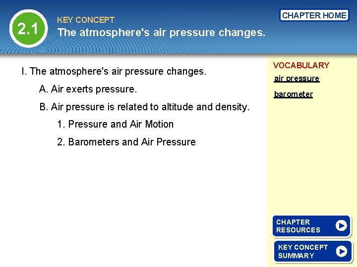 2. 1 KEY CONCEPT CHAPTER HOME The atmosphere's air pressure changes. I. The atmosphere's