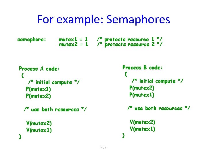 For example: Semaphores semaphore: mutex 1 = 1 mutex 2 = 1 /* protects