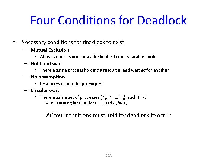 Four Conditions for Deadlock • Necessary conditions for deadlock to exist: – Mutual Exclusion