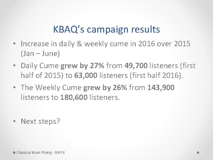 KBAQ’s campaign results • Increase in daily & weekly cume in 2016 over 2015