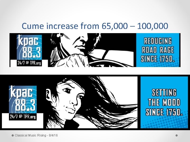 Cume increase from 65, 000 – 100, 000 Classical Music Rising - 8/4/16 