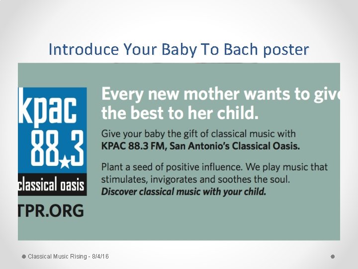 Introduce Your Baby To Bach poster Classical Music Rising - 8/4/16 