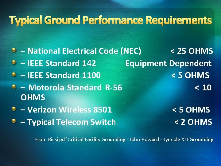 Typical Ground Performance Requirements – National Electrical Code (NEC) < 25 OHMS – IEEE