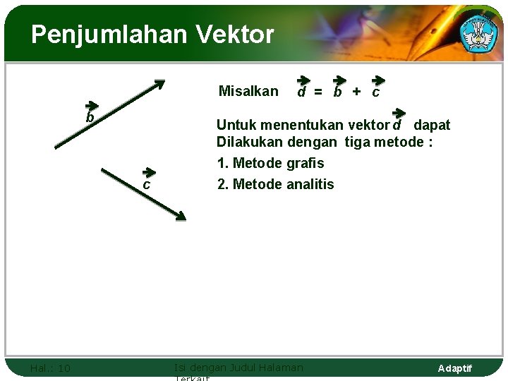 Penjumlahan Vektor Misalkan b c Hal. : 10 d = b + c Untuk