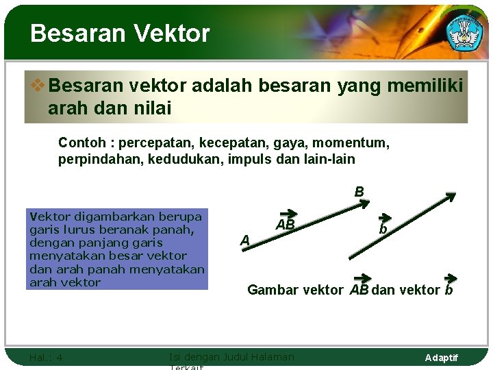 Besaran Vektor v Besaran vektor adalah besaran yang memiliki arah dan nilai Contoh :