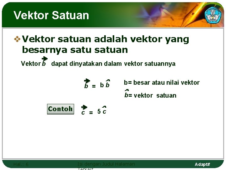 Vektor Satuan v Vektor satuan adalah vektor yang besarnya satuan Vektor b dapat dinyatakan