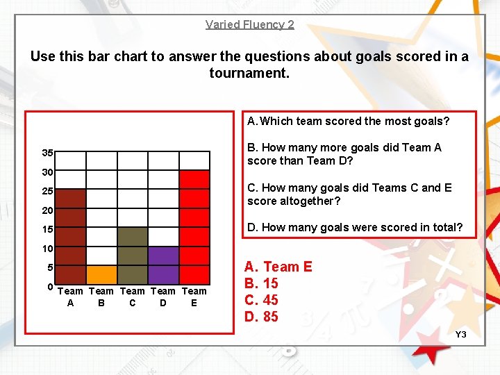 Varied Fluency 2 Use this bar chart to answer the questions about goals scored