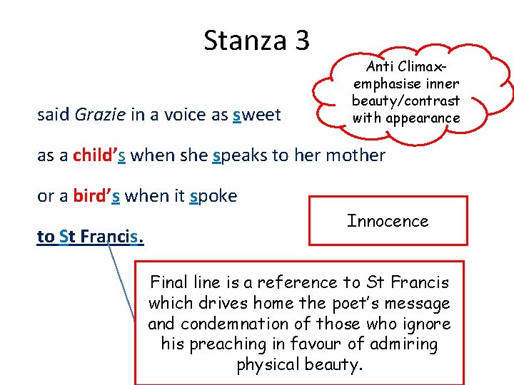 Stanza 3 said Grazie in a voice as sweet Anti Climaxemphasise inner beauty/contrast with