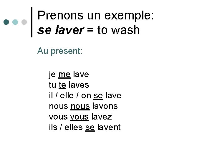 Prenons un exemple: se laver = to wash Au présent: je me lave tu