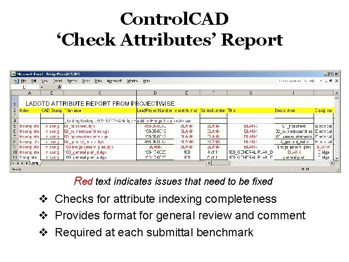 Control. CAD ‘Check Attributes’ Report” Red text indicates issues that need to be fixed