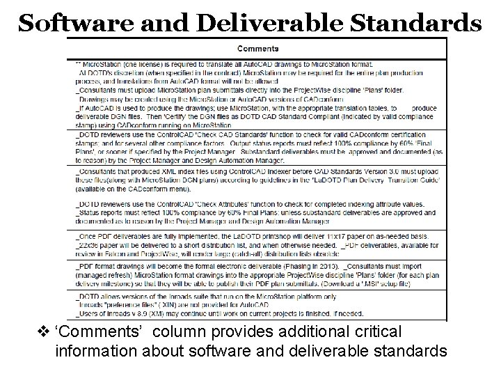 Software and Deliverable Standards v ‘Comments’ column provides additional critical information about software and