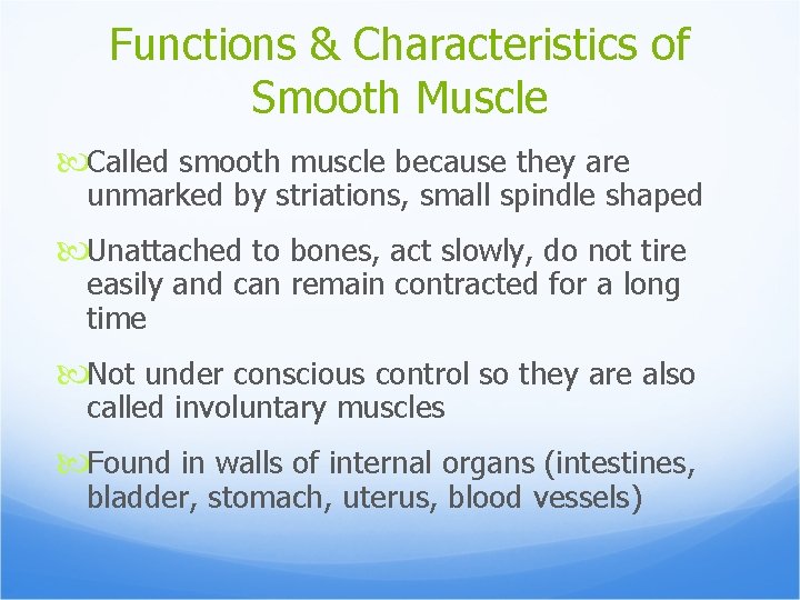 Functions & Characteristics of Smooth Muscle Called smooth muscle because they are unmarked by