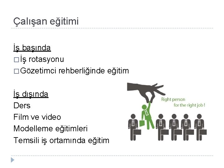 Çalışan eğitimi İş başında � İş rotasyonu � Gözetimci rehberliğinde eğitim İş dışında Ders