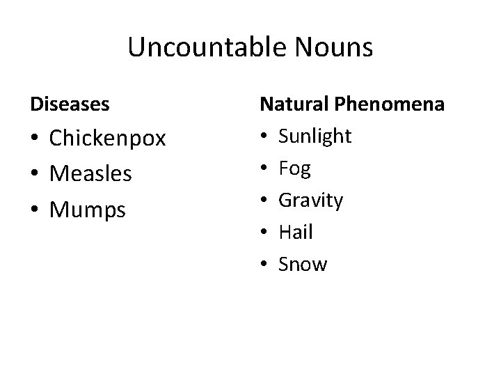 Uncountable Nouns Diseases • Chickenpox • Measles • Mumps Natural Phenomena • Sunlight •