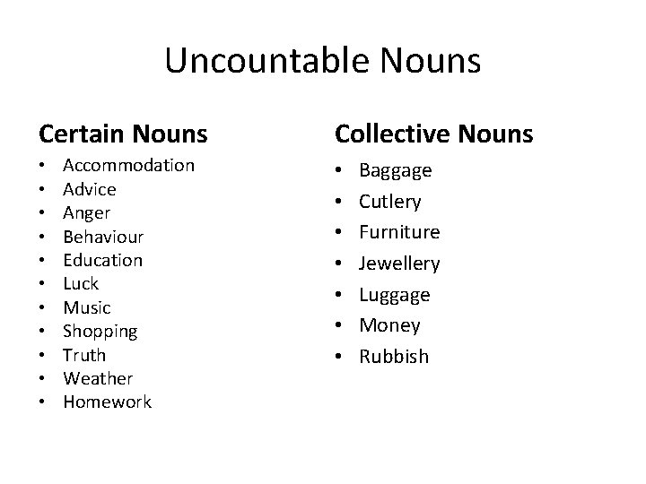 Uncountable Nouns Certain Nouns • • • Accommodation Advice Anger Behaviour Education Luck Music