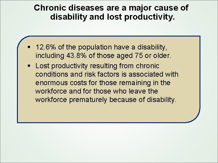 Chronic diseases are a major cause of disability and lost productivity. § 12. 6%