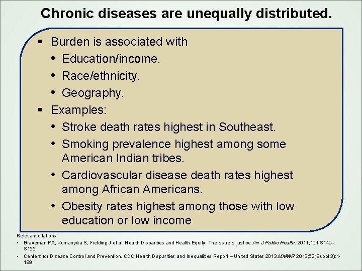 Chronic diseases are unequally distributed. § Burden is associated with • Education/income. • Race/ethnicity.
