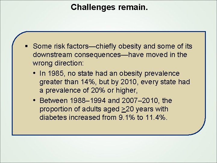 Challenges remain. § Some risk factors—chiefly obesity and some of its downstream consequences—have moved