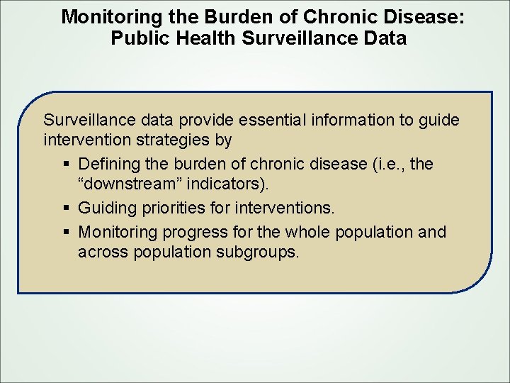 Monitoring the Burden of Chronic Disease: Public Health Surveillance Data Surveillance data provide essential