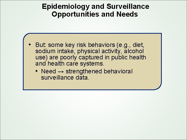 Epidemiology and Surveillance Opportunities and Needs • But: some key risk behaviors (e. g.