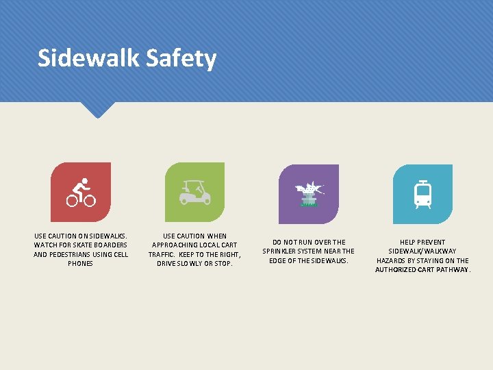 Sidewalk Safety USE CAUTION ON SIDEWALKS. WATCH FOR SKATE BOARDERS AND PEDESTRIANS USING CELL