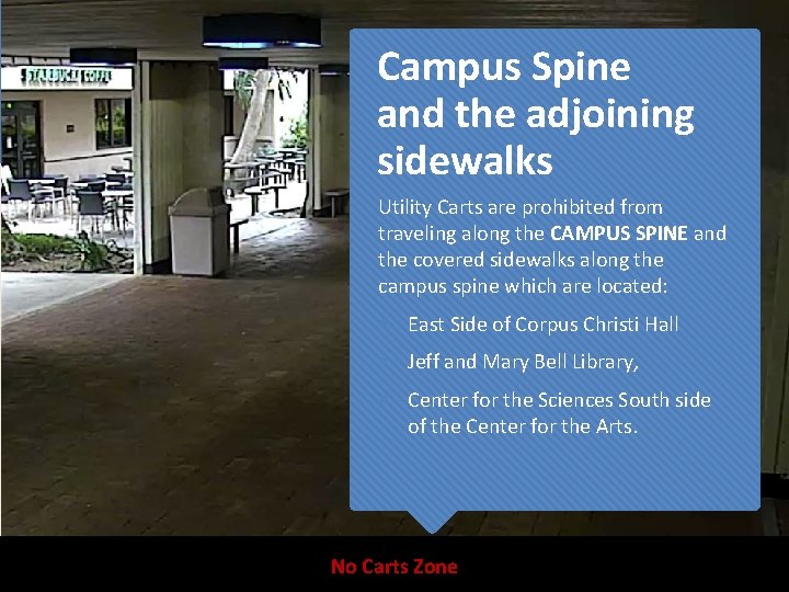 Campus Spine and the adjoining sidewalks Utility Carts are prohibited from traveling along the