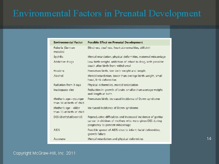 Environmental Factors in Prenatal Development 14 Copyright Mc. Graw-Hill, Inc. 2011 