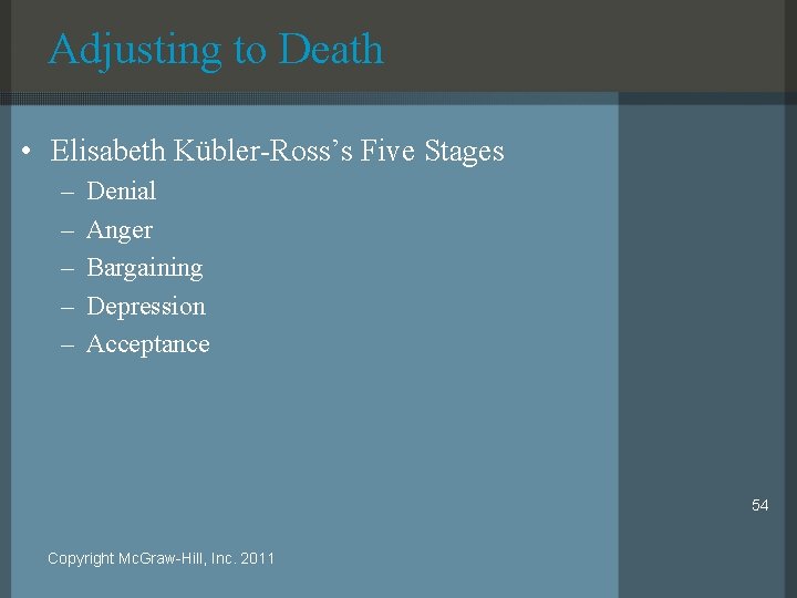 Adjusting to Death • Elisabeth Kübler-Ross’s Five Stages – – – Denial Anger Bargaining